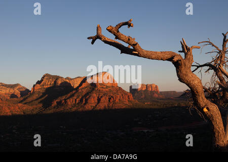 9. Juni 2013 Felsen - Sedona, Arizona, USA - Sonnenuntergang Blick auf Gerichtsgebäude von der Flughafen Sedona Vortex-Website. Der Reiz der Sedona Vortex Sites. Viele Menschen besuchen Sedona um seine metaphysischen Dimensionen, vor allem seine Wirbel zu erkunden. Page Bryant prägte den Namen "Vortex" im Jahr 1980 für Bereiche in Sedona, die hochkonzentriert Energien förderlich für Gebet, Meditation und Heilung haben. Sedona Hauptattraktion ist eine Reihe von roten Sandstein-Formationen, die zu glühen in leuchtende Orange und rot, wenn der Aszendent oder untergehende Sonne beleuchtet erscheinen. Die roten Felsen bilden eine beliebte Kulisse für viele gro Stockfoto