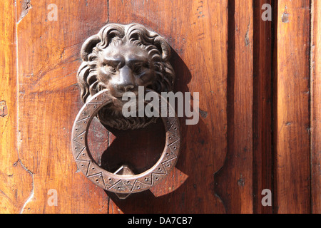 Türklopfer Löwe auf einer alten Tür in San Gimignano in der Toskana Stockfoto