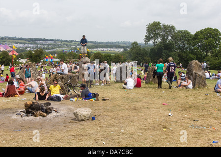 Der Steinkreis auf dem Glastonbury Festival 2013, Somerset, England, Vereinigtes Königreich. Stockfoto