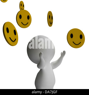 Smileys, lächelnd und 3d zeigt Zeichen Glück Stockfoto