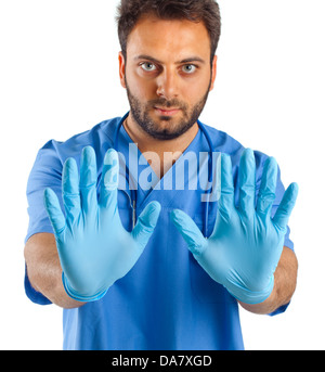 Menschliche Hand tragen blaue OP-Handschuhe Stockfoto