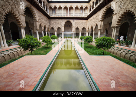 Innenhof der Jungfrauen (Patio de Las Huasaco) im Alcazar Palast von Sevilla, Andalusien, Spanien. Stockfoto