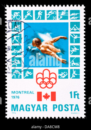 Briefmarke aus Ungarn einen Schwimmer, ausgestellt für die Olympischen Sommerspiele 1976 Montreal darstellt. Stockfoto