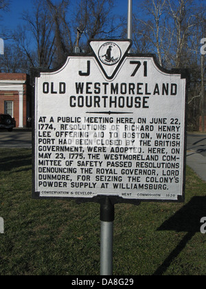 OLD COURTHOUSE von WESTMORELAND in eine öffentliche Sitzung hier, am 22. Juni 1774, Beschlüsse des Richard Henry Lee bietet Hilfe nach Boston, dessen Hafen der britischen Regierung geschlossen worden war, wurden angenommen. Hier, am 23. Mai 1775, Westmoreland Committee of Safety Entschließungen verurteilen den königlichen Gouverneur Lord Dunmore, für die Beschlagnahme der Kolonie Pulver Versorgung in Williamsburg verabschiedet. Erhaltung & Development Commission, 1929 Stockfoto