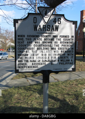 Warschau bei Richmond County wurde 1692 gegründet, dieser Ort wurde die Kreisstadt und war bekannt als Gerichtsgebäude Richmond (County). Das heutige Gebäude der Gerichtsgebäude wurde 1748 / 49 errichtet. Das Dorf war Warschau etwa 1846 in der Sympathie mit den polnischen Freiheitskampf umbenannt. Es war die Heimat Kongressabgeordnete William A. Jones, Verfechter der philippinischen Unabhängigkeit. Virginia Conservation Commission, 1946 Stockfoto