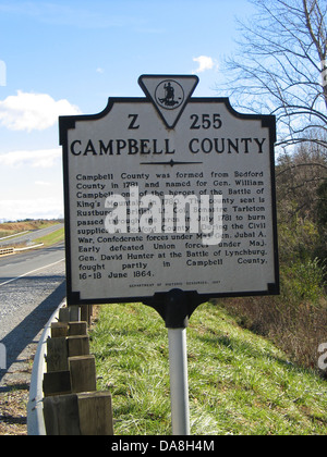 CAMPBELL COUNTY Campbell County wurde erstellt von Bedford County von Virginia Generalversammlung im Jahre 1781 und benannt nach General William Campbell, einer der Helden der Schlacht von Kings Mountain im Jahre 1780. Die Kreisstadt ist Rustburg. Britische Oberstleutnant Banastre Tarleton Truppen übergeben durch die Gegend im Juli 1781, Lieferungen in Bedford County zu verbrennen. Während des Bürgerkrieges zwingt die Konföderierten unter Generalmajor Jubal A. Zwingt früh besiegt Union unter Generalmajor David Hunter in der Schlacht von Lynchburg, kämpften teilweise in Campbell County, 16.-18. Juni 1864. Stockfoto