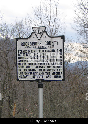 ROCKBRIDGE COUNTY Bereich 616 Quadrat-Meilen gegründet 1778 von Augusta und Botetourt, und für die Natural Bridge genannt. Samuel Houston und Cyrus H. McCormick wurden in diesem Land geboren. Robert E. Lee und Stonewall Jackson sind in Lexington beigesetzt. Das Virginia Military Institute, Washington und Lee University gibt es. Erhaltung & Development Commission, 1928. Stockfoto