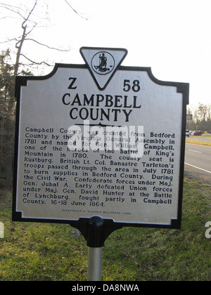 CAMPBELL COUNTY Campbell County wurde erstellt von Bedford County von Virginia Generalversammlung im Jahre 1781 und benannt nach General William Campbell, einer der Helden der Schlacht von Kings Mountain im Jahre 1780. Die Kreisstadt ist Rustburg. Britische Oberstleutnant Banastre Tarleton Truppen übergeben durch die Gegend im Juli 1781, Lieferungen in Bedford County zu verbrennen. Während des Bürgerkrieges zwingt die Konföderierten unter Generalmajor Jubal A. Zwingt früh besiegt Union unter Generalmajor David Hunter in der Schlacht von Lynchburg, kämpften teilweise in Campbell County, 16.-18. Juni 1864. Abteilung für historische Ressourcen, 2003 Stockfoto