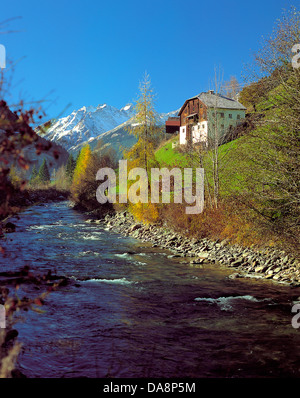 Österreich, Europa, Tirol, Paznaun, Kappl, Trisanna, Bach, Wasser, Berge, Verwallgruppe, Verwall, group, Fatlarspitze, Schnee, au Stockfoto