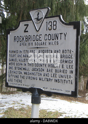 ROCKBRIDGE COUNTY Bereich 616 Quadrat-Meilen gegründet 1778 von Augusta und Botetourt, und für die Natural Bridge genannt. Samuel Houston und Cyrus H. McCormick wurden in dieser Gemeinde geboren. Robert E. Lee und Stonewall Jackson sind in Lexington beigesetzt. Das Virginia Military Institute, Washington und Lee University gibt es. Erhaltung & Development Commission, 1934 Stockfoto