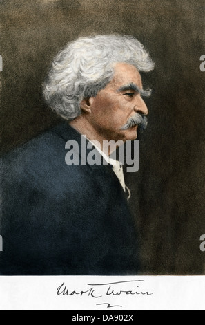 Porträt von Samuel Clemens, mit seinem Mark Twain Autogramm. Digital farbige Gravur eines Fotos Stockfoto