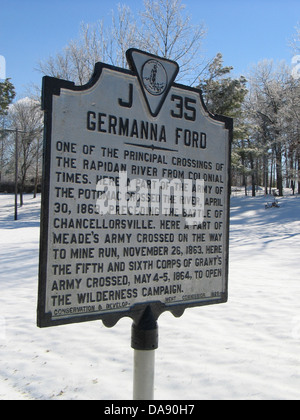 GERMANNA FORD einer der wichtigsten Grenzübergänge des Rapidan River aus der Kolonialzeit. Hier überquerte ein Teil der Armee des Potomac Flusses, 30. April 1863, vor der Schlacht von Chancellorsville. Hier ein Teil der Armee Meades gekreuzt auf dem Weg zu mir laufen, 26. November 1863. Hier überquert das fünfte und sechste Corps Grants Armee, 4. und 5. Mai 1864, um die Wildnis-Kampagne zu öffnen. Erhaltung & Development Commission, 1929 Stockfoto