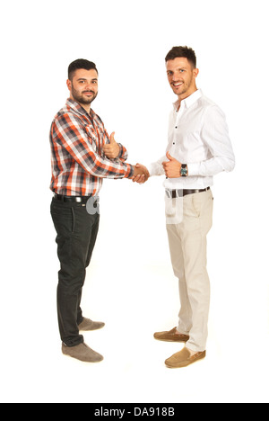 Geschäftsleute, die den Hand schütteln und zeigt Daumen isoliert auf weißem Hintergrund Stockfoto