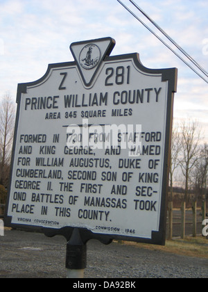 PRINCE WILLIAM COUNTY Area 345 Quadrat-Meilen im Jahre 1730 von Stafford und King George gebildet und benannt nach William Augustus, Herzog von Cumberland, zweiter Sohn von König George II. Die ersten und zweiten Schlachten des Manassas fand in dieser Gemeinde. Virginia Erhaltung Kommission 1946 Stockfoto