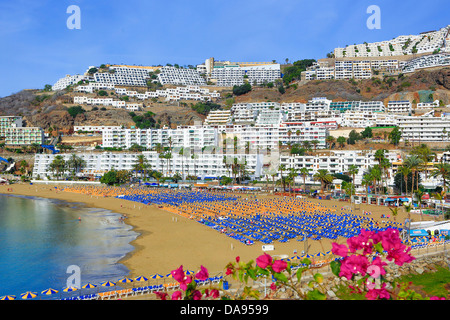 Spanien, Europa, Kanarische Inseln, Gran Canaria, Puerto Rico, Architektur, Strand, Stadt, Display, früh, Insel, Modern, Morgen, sa Stockfoto