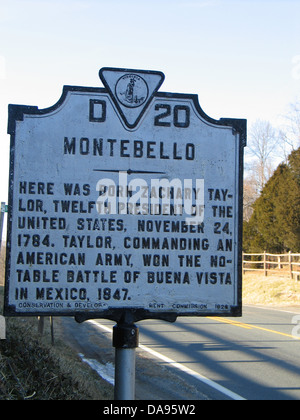 MONTEBELLO hier war Zachary Taylor, Zwölfter Präsident der Vereinigten Staaten, 24. November 1784 geboren. Taylor, eine amerikanische Armee, gewann die bemerkenswerte Schlacht von Buena Vista in Mexiko, 1847. Erhaltung & Development Commission, 1929 Stockfoto