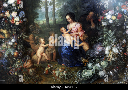 Jan Brueghel dem älteren (1568-1625) und Pieter van Avont (1600-1632). Heilige Familie auf einem Kranz von Blumen und Blüten und Früchten. Stockfoto