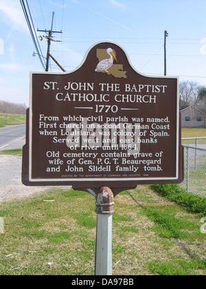 ST. JOHN THE BAPTIST Kirche (1770) von der Zivilgemeinde benannt wurde. Erste Kirche am zweiten deutschen Küste als Louisiana spanische Kolonie war. Westlichen und östlichen Ufer des Flusses diente bis 1864. Alter Friedhof enthält Grab der Ehefrau von General P.G.T. Beauregard und John Slidell Familiengruft. Errichtet durch das Department of Commerce und Industrie, 1964. Stockfoto