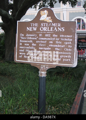 DER Dampfer NEW ORLEANS am 10. Januar 1812 des Dampfers "New Orleans", unter dem Kommando von Nicholas Roosevelt, an dieser Stelle angekommen. Es war das erste Dampfschiff, Ohio und Mississippi Flüsse erfolgreich zu navigieren. Dampfschiffe waren ein wichtiger Faktor für das Wachstum von New Orleans als ein Hafen der Welt. Errichtet durch das Department of Commerce und Industrie, 1963. Stockfoto