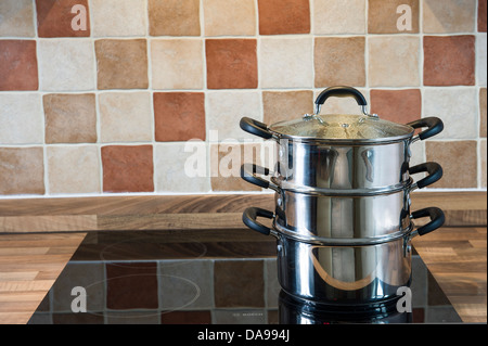 Multi Level Dampfgarer, Edelstahl auf einem Induktionskochfeld. Stockfoto