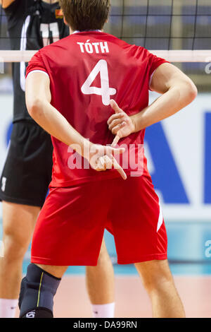 Volleyball Spiel, Europa League, Gruppe B, Ungarn Vs Montenegro, Opava, Tschechien, 7. Juli 2013. Andras Toth von Ungarn. (CTK Foto/Petr Sznapka) Stockfoto