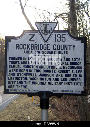 ROCKBRIDGE COUNTY Bereich 616 Quadrat-Meilen gegründet 1778 von Augusta und Botetourt, und für die Natural Bridge genannt. Samuel Houston und Cyrus H. McCormick wurden in dieser Gemeinde geboren. Robert E. Lee und Stonewall Jackson sind in Lexington beigesetzt. Das Virginia Military Institute, Washington und Lee University gibt es. Erhaltung & Development Commission, 1934 Stockfoto