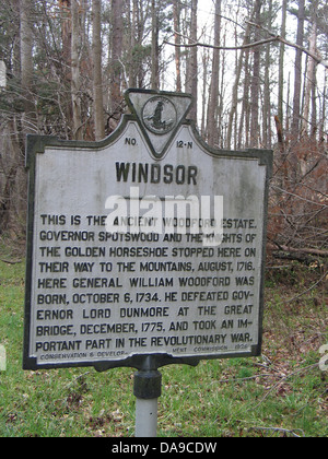 WINDSOR Dies ist das alte Anwesen Woodford. Gouverneur Spotswood und die Ritter des goldenen Hufeisen hielten hier auf ihrem Weg in die Berge, August 1716. Hier wurde General William Woodford, 6. Oktober 1734 geboren. Er besiegte Gouverneur Lord Dunmore an der großen Brücke, Dezember 1775, und nahm eine wichtige Rolle im amerikanischen Unabhängigkeitskrieg. Erhaltung & Development Commission, 1928. Stockfoto