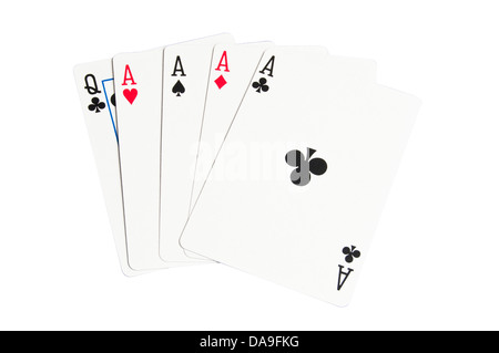 Ein Pokerblatt mit vier Asse. Eine gewinnende Hand. Isoliert auf weiss mit einem Beschneidungspfad. Stockfoto
