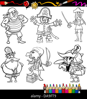 Malbuch oder Seite Cartoon Illustration von Black And White Fantasy Piraten und Korsaren Maskottchen Figuren Set für Kinder Stockfoto