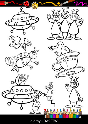 Malbuch oder Seite Cartoon-Illustration-Satz von Schwarz und weiß Fantasy Aliens oder Marsmenschen Ufo Comic Maskottchen Zeichen Stockfoto