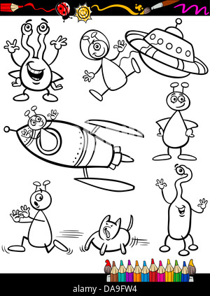 Malbuch oder Seite Cartoon-Illustration-Satz von Schwarz und weiß Fantasy Aliens oder Marsmenschen Ufo Comic Maskottchen Zeichen Stockfoto