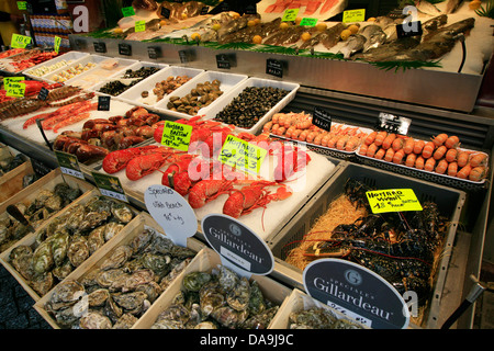 Fischmarkt in Frankreich hautnah Meeresfrüchte-Stall Stockfoto