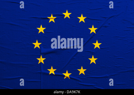 Grunge blauen EU-Flagge mit gelben Sternen überlagert trashigen Textur Stockfoto