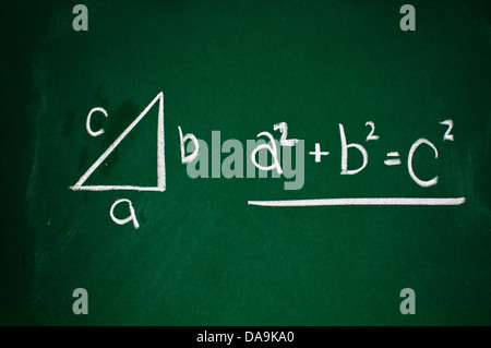 Satz des Pythagoras mit weißer Kreide auf eine Tafel skizziert Stockfoto