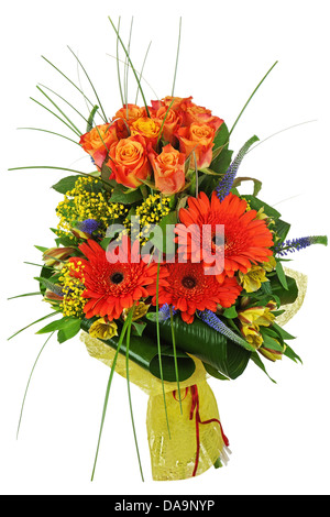 Bunter Strauß aus Rosen und Gerbera isoliert auf weißem Hintergrund. Closeup. Stockfoto