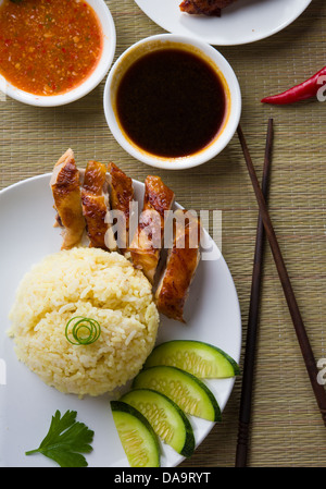 Hainan-Huhn mit Reis, Singapur Essen mit Materialien als Hintergrund Stockfoto