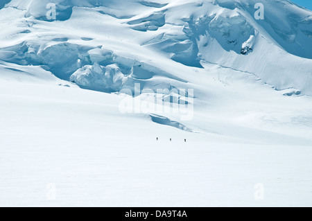 Drei Langläufer wandern durch die Eisfelder der Saint Elias Mountains, Kluane National Park, Yukon Territory, Kanada. Stockfoto