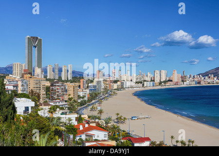 Spanien, Europa, Benidorm, Costa Blanca, Architektur, Strand, Stadt, Küste, Costa, berühmte, mediterran, Skyline, Hochhäuser, Tou Stockfoto