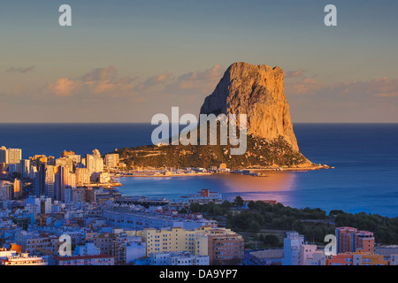 Spanien, Europa, Stadt, Costa Blanca, Ifach, mediterran, Rock, neue Skyline, Sonnenuntergang, touristische, Penon de Ifach Stockfoto