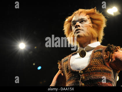 Die Musicaldarsteller Paul Knights (als Skimble) steht auf der Bühne in Hamburg, Deutschland, 4. Januar 2011. Nach fast 30 Jahren seit ihrer Premiere beginnt "Cats", eines der erfolgreichsten Musicals in Deutschland, eine neue Tour. Foto: ANGELIKA WARMUTH Stockfoto