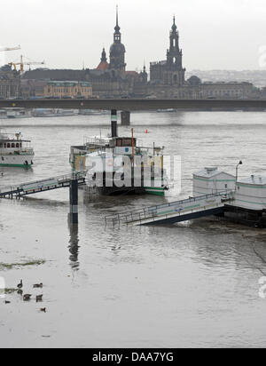 Wasser überflutet die Ufer der Elbe in Dresden, Deutschland, 14. Januar 2011. Trotz abnehmender Niederschläge, bleibt die Hochwasserlage angespannt. Foto: Matthias Hiekel Stockfoto