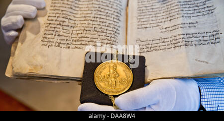 Die Pfälzer Kopie von der Goldenen Bulle 0f ist 1356 in der Kaiserburg in Nürnberg, 9. Juli 2013 abgebildet. Der Erlass der Reichstag fixiert wichtige Aspekte der konstitutionelle Struktur des Heiligen Römischen Reiches Ans bis zum 21. Juli 2013 zu sehen sein wird. Die pfälzische Exemplar hat einen goldenen Siegel. Foto: DANIEL KARMANN Stockfoto