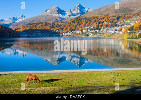 St. Moritz, Schweiz, Europa, Kanton Graubünden, Graubünden, Engadin, Engadin, Oberengadin, St. Moritz See spiegeln Stockfoto