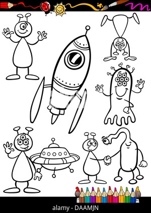 Malbuch oder Seite Cartoon-Illustration-Satz von Schwarz und weiß Fantasy Aliens oder Marsmenschen Ufo Comic Maskottchen Zeichen Stockfoto