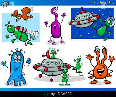 Cartoon Illustrationen Zeichenmenge Fantasy Aliens oder Marsmenschen Comic-Maskottchen Stockfoto