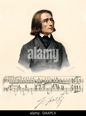 Porträt des jungen Franz Liszt, mit einem Schrott von Manuskript und sein Autogramm. Digital farbige Lithographie Stockfoto