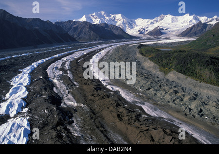 Luftbild, Wrangell, Berge, Wrangell St. Elias, Nationalpark, in der Nähe von McCarthy, Alaska, USA, graben, Rillen, Kratzer, Gl Stockfoto