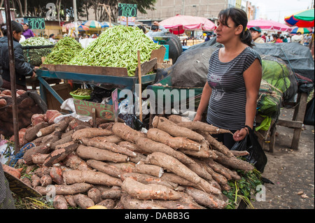 Gemüse Gemüse Lieferanten Geschäfte Ständen Einkaufen in lokalen Zentralmarkt Marktplatz in Chiclayo, Peru. Stockfoto
