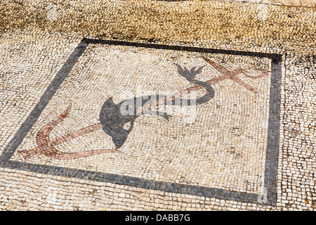 Delphin-Mosaik im Stock im Haus der Trident, Delos Archäologische Stätte, Delos, in der Nähe von Mykonos, Griechenland Stockfoto