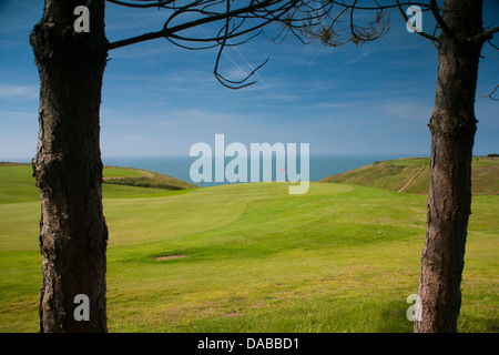 Golfflagge in hellem Grün Grün mit Blau des Meeres im Hintergrund. Stockfoto